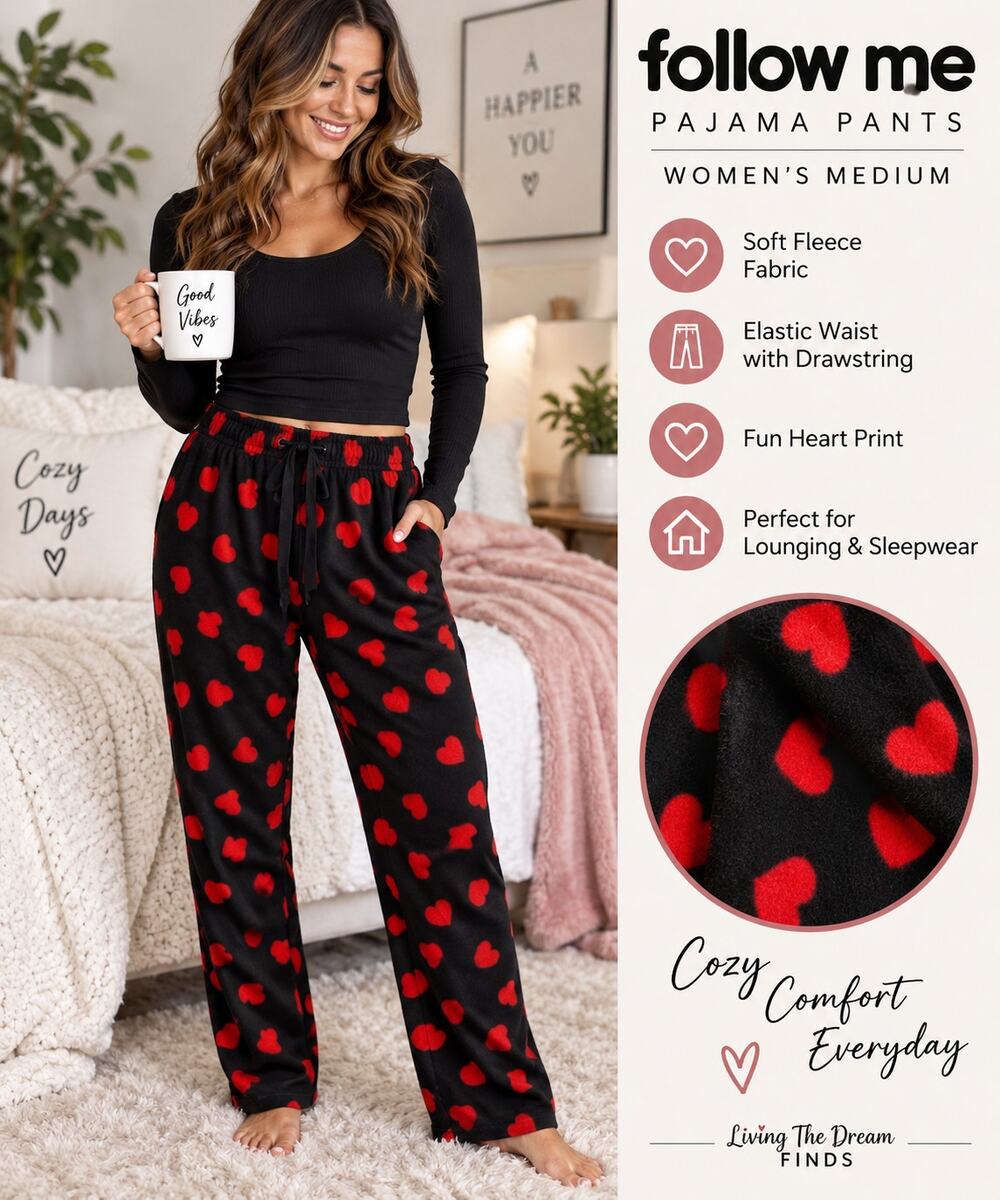 Follow Me Women’s Medium Black Red Heart Print Fleece Pajama Lounge Pants